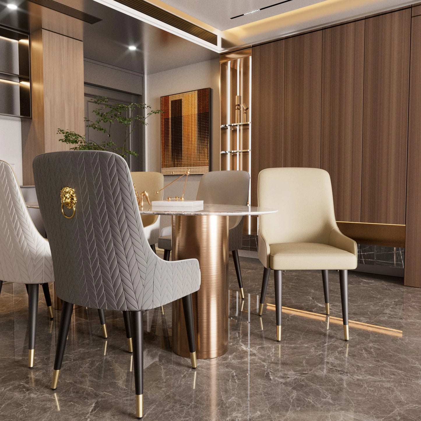 Eetkamerstoelen – Luxe Stoelen – Comfortabele Stoelen – Microfiber Stoelen – Kunstleren Bekleding – Gouden Leeuwenkop Handvat – Hoogwaardige Afwerking