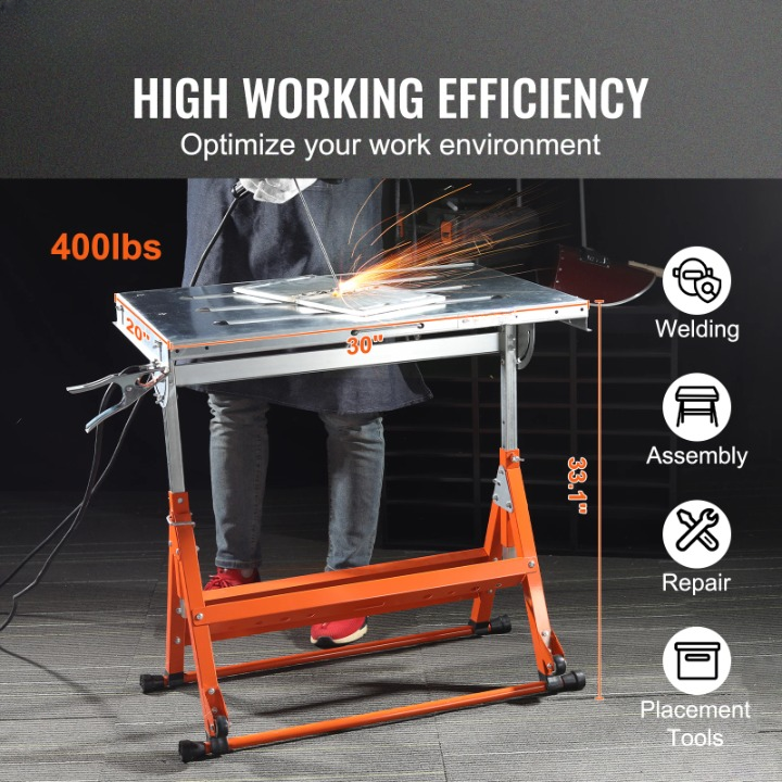 Lastafel - Mobiele Werkbank - Draagbare Werkbank - Opvouwbare - Stalen Tafelblad - met 3 Kantelbare Hoeken - 77 x 57 x 84 cm - Zilver & Oranje
