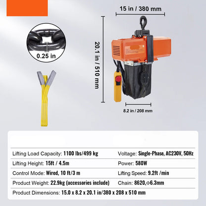 Elektrische Kettingtakel – Elektrische Takel – Kettingtakel – Heftakel – Hefcapaciteit 499 Kg – 580W Motor – 4,5 Meter Hefhoogte