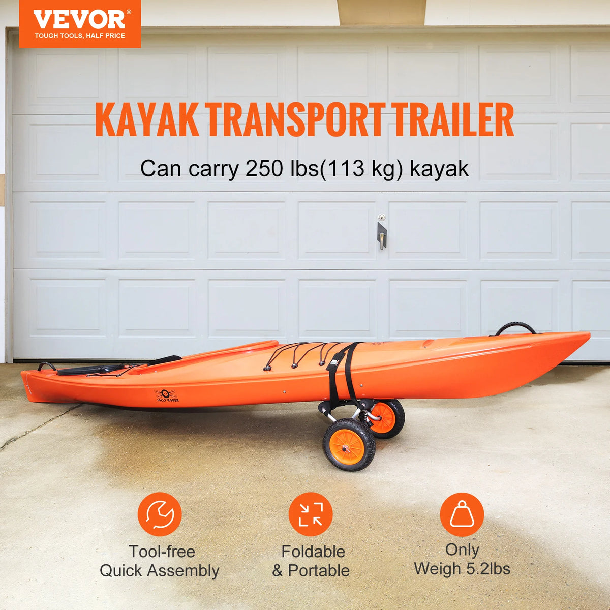 Vevor - Handtrailer Boot - Boottrailer Dolly - Dolly - Heavy Duty Kayak Cart - 250 lbs Laadvermogen - Opvouwbaar - Kano Trolley Cart 10'' Massieve Banden voor Kayaks Kano's - Zwart - QUORE