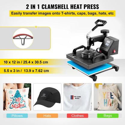 Warmtepers 2-in-1 – Sublimatiepers – Transferpers – T-shirtpers – Pettenpers – Digitaal LCD Scherm – Vlak Persvlak 25,4x30,5 cm