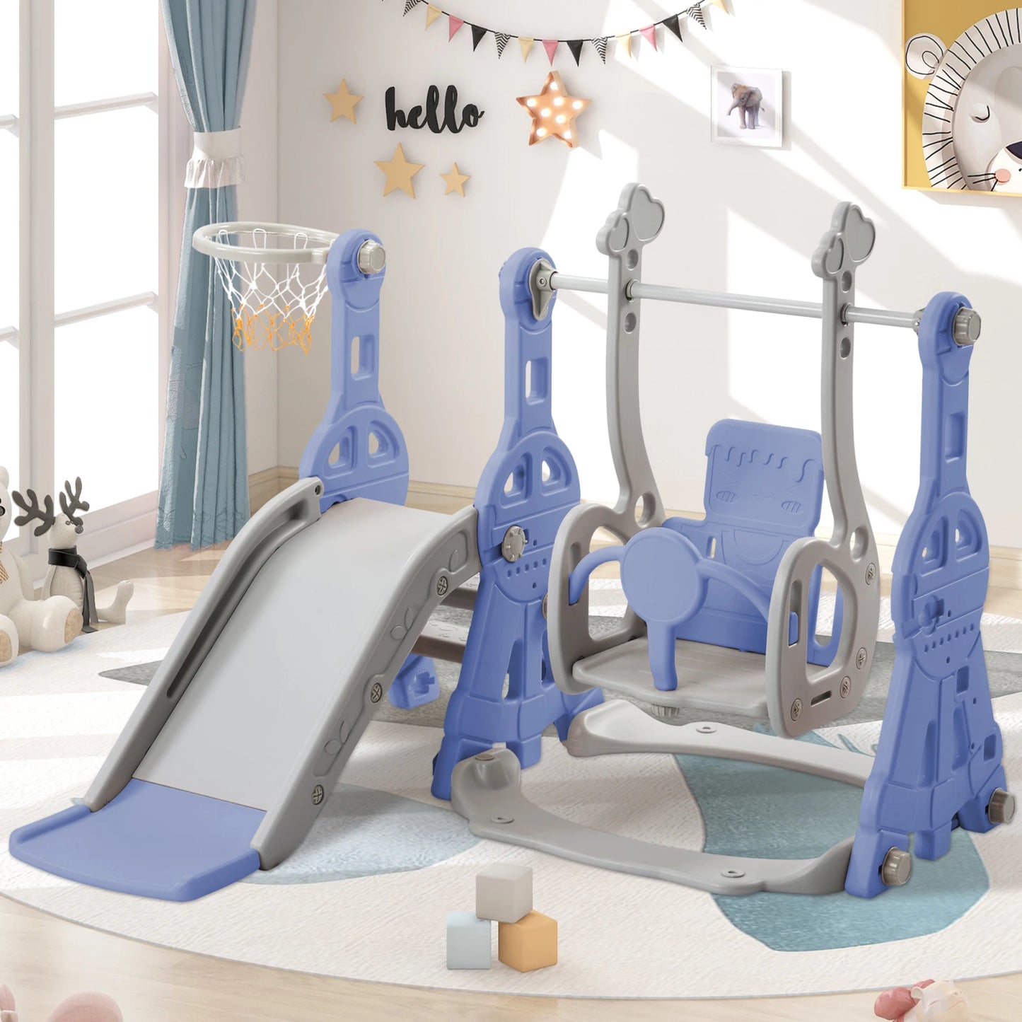 Kinder Speeltoestel - 4-in-1 - Speeltoestel - Schommel - Glijbaan - Basketbal - Klimladder - Binnen - Buiten - Blauw - 140 x 118 x 102 cm