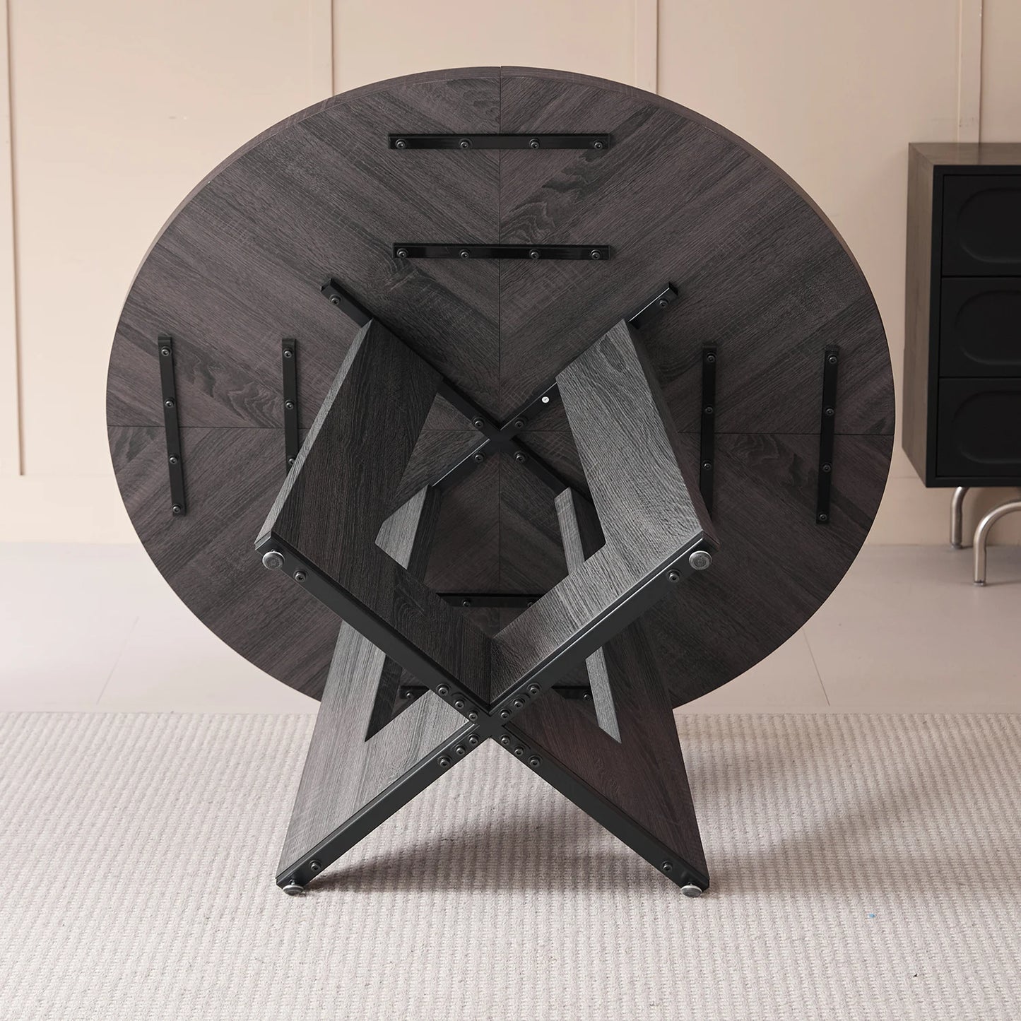 Ronde Eettafel – Eetkamertafel – Keukentafel – Tafel – Houten Tafel – Zwart Frame – Massief Hout – Ø 120 cm – Stevige Kruisvoet