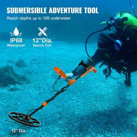 Vevor - Metal Detector - Metal Searching Device for Professionals - High Accuracy - Rechargeable - LCD Display - DSP Chip - 7 Modes - 12 Inch Coil - IP68 - Black and Orange