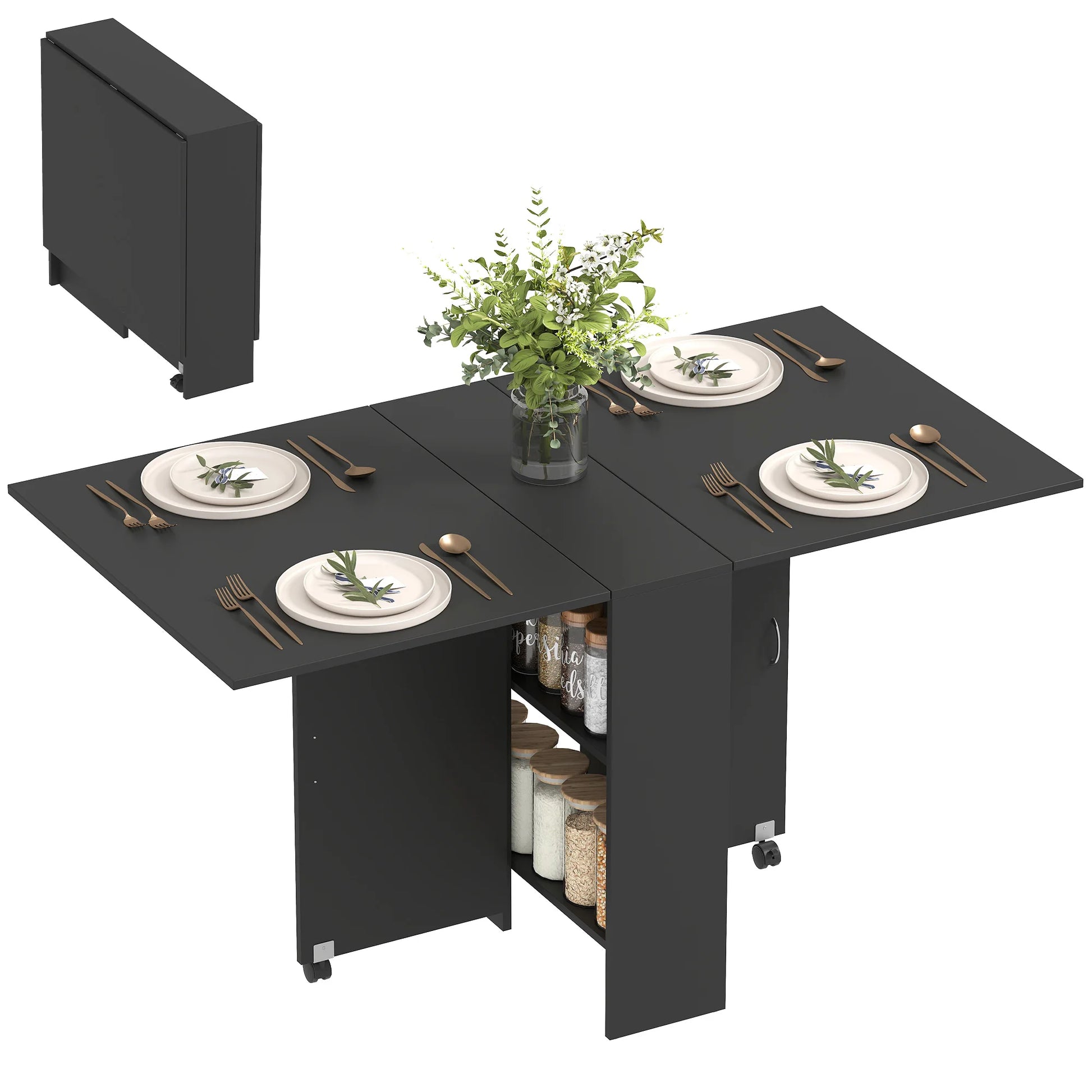 Homcom Folding Dining Table with 2 Wheels and 2 Shelves 75X140X74 cm Black - QUORE