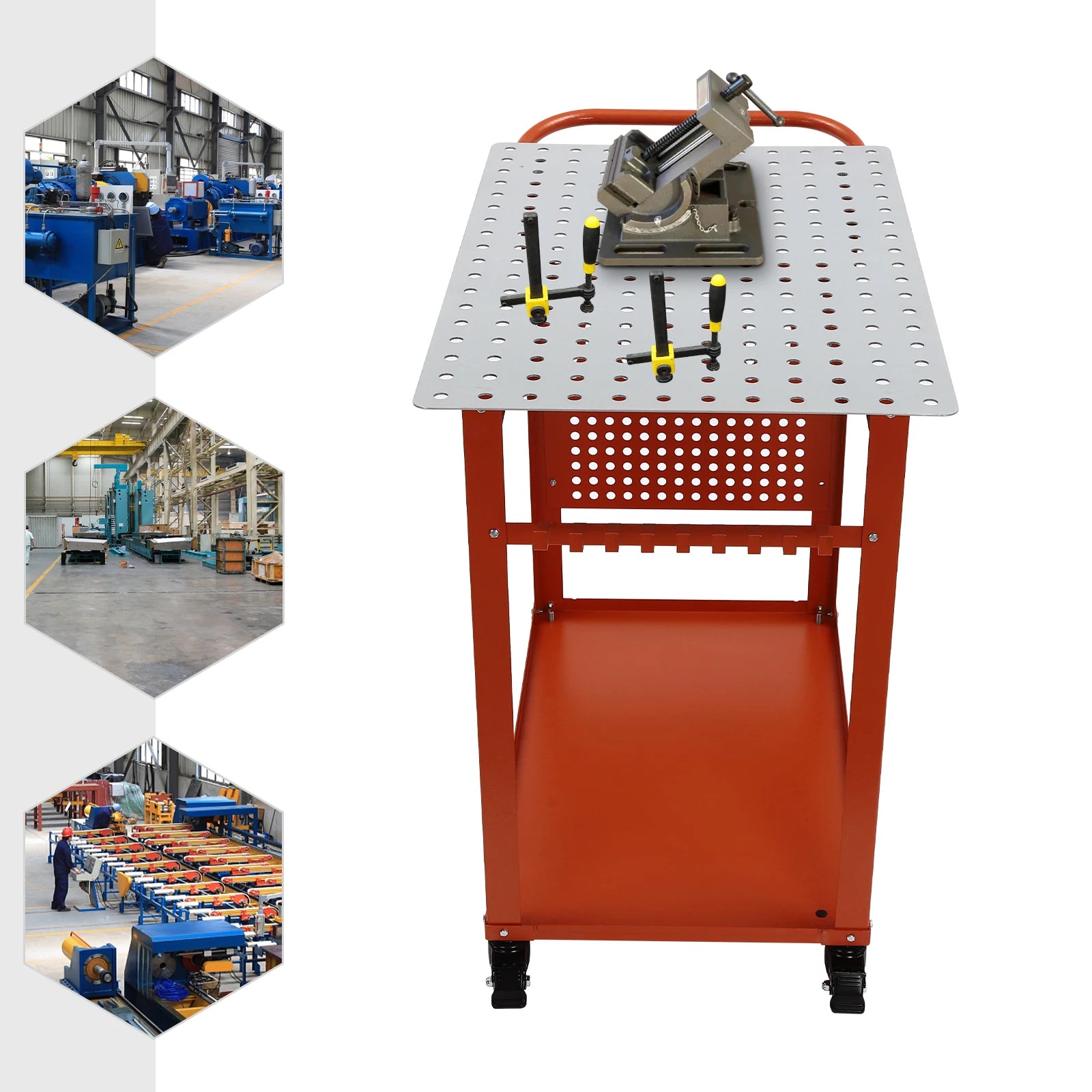 Industriële Stalen Werktafel – Werkbank – Montagebank – Werkbank Met Wielen – Mobiele Werktafel Rood – Draagvermogen 272 kg – Dubbele Werkplanken Met 9 Haken En Zijbord - QUORE