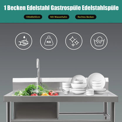 Vrijstaande Spoeltafel – RVS Spoelbak – Horeca Wasbak – Professionele Spoeltafel – 201 Roestvrij Staal – Verstelbare Poten