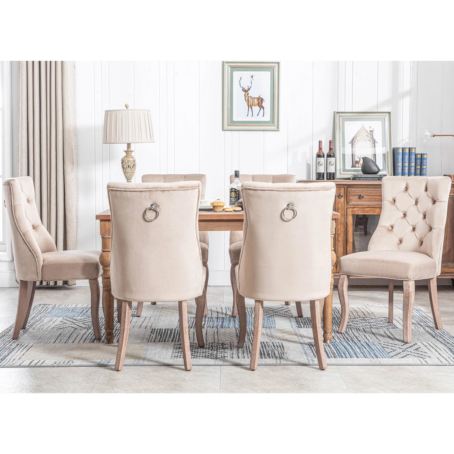 Eetkamerstoel – Fluwelen Stoel – Comfortabele Stoel – Hoge Rugleuning – Massief Rubberhout – Draagvermogen 150 Kg – Zachte Schuimlaag - 6 Stuks - Beige