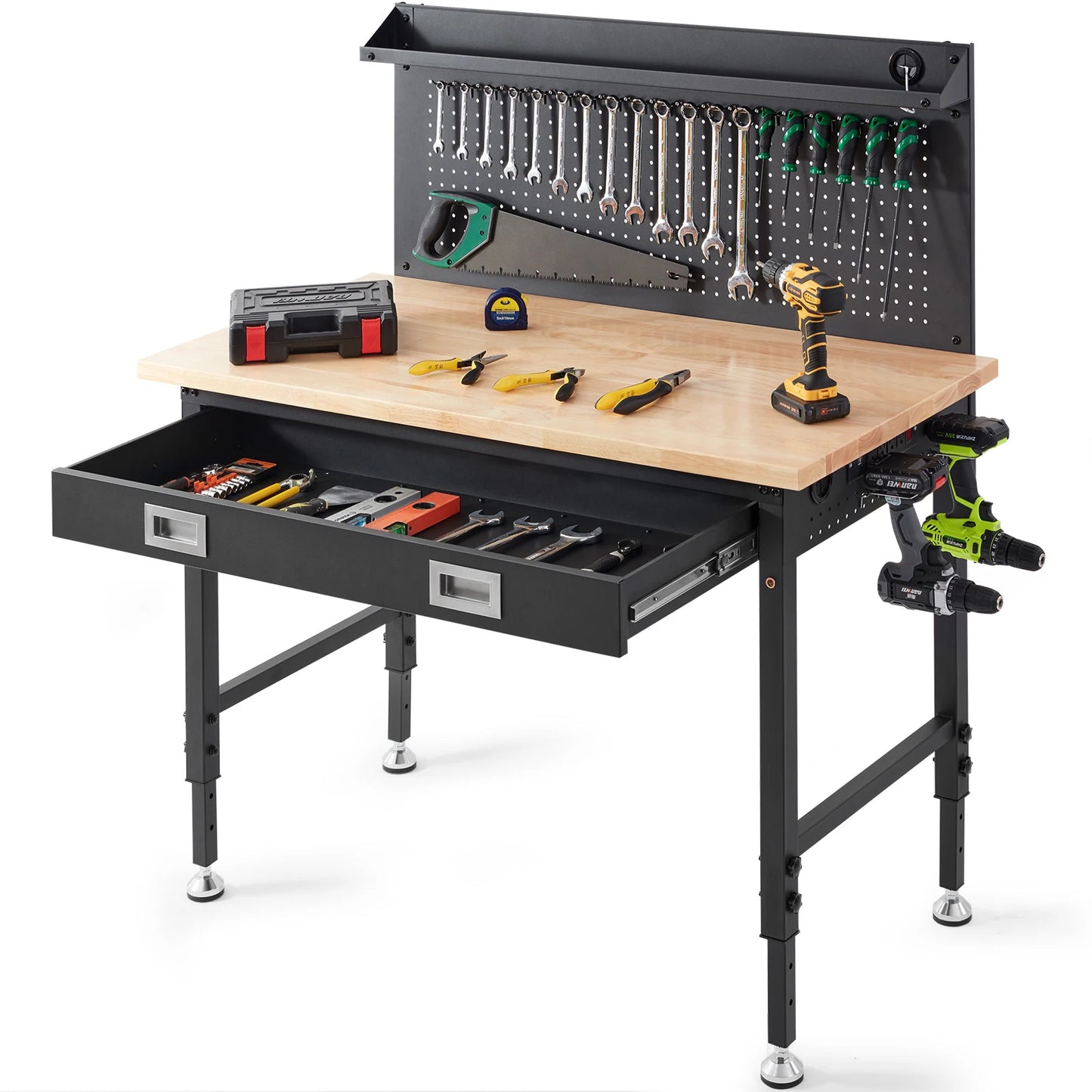 SucceBuy 2000lbs Hardwood Workbench Heavy Oak Plank Work Table Carbon Steel with 3m Cable 30 Hooks for Garage Office Workshop
