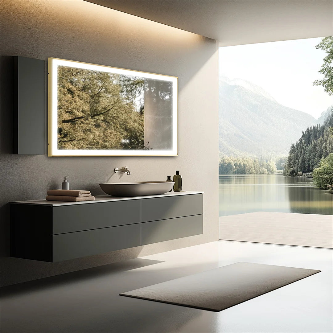 Groot Badkamerspiegel – Led Spiegel – Verlichte Spiegel – Wandspiegel – Kapspiegel – 140x70 cm – Goud Aluminium Frame – Anti-Condens Met Dimbare Driekleurverlichting