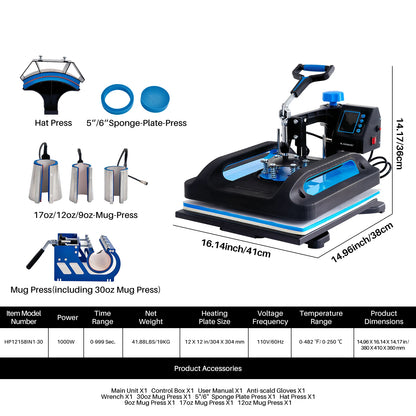 8-in-1 Hittepersmachine - 12x15 Inch - 360° Draaibaar - Digitale Sublimatie Transferpers voor Mokken, T-shirts & Meer - Zwart