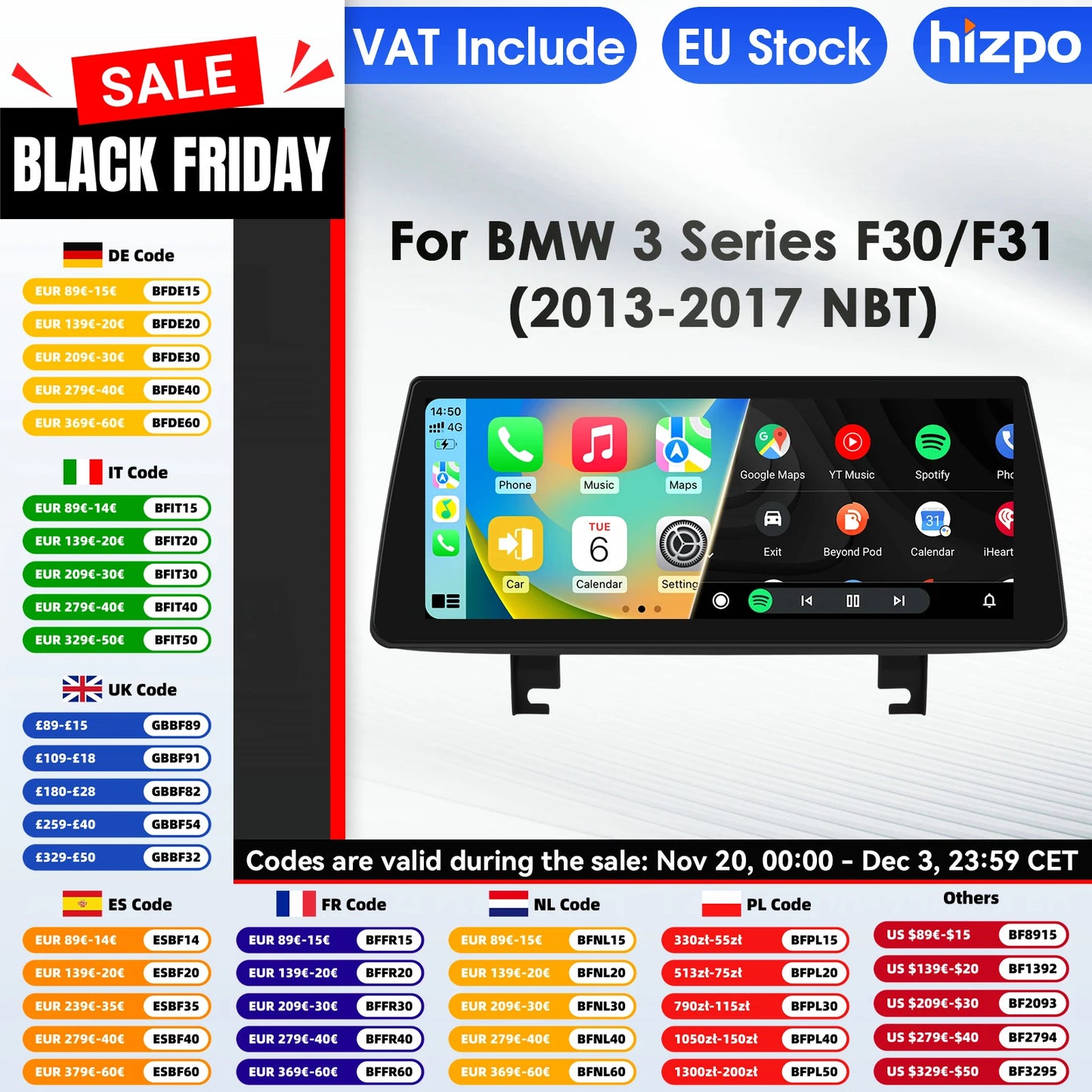 Hizpo 2 Din Car Radio for BMW 3 BMW 4 Series F30 F31 NBT Audio Multimedia Player CarPlay Android Auto GPS Bluetooth WIFI FM RDS