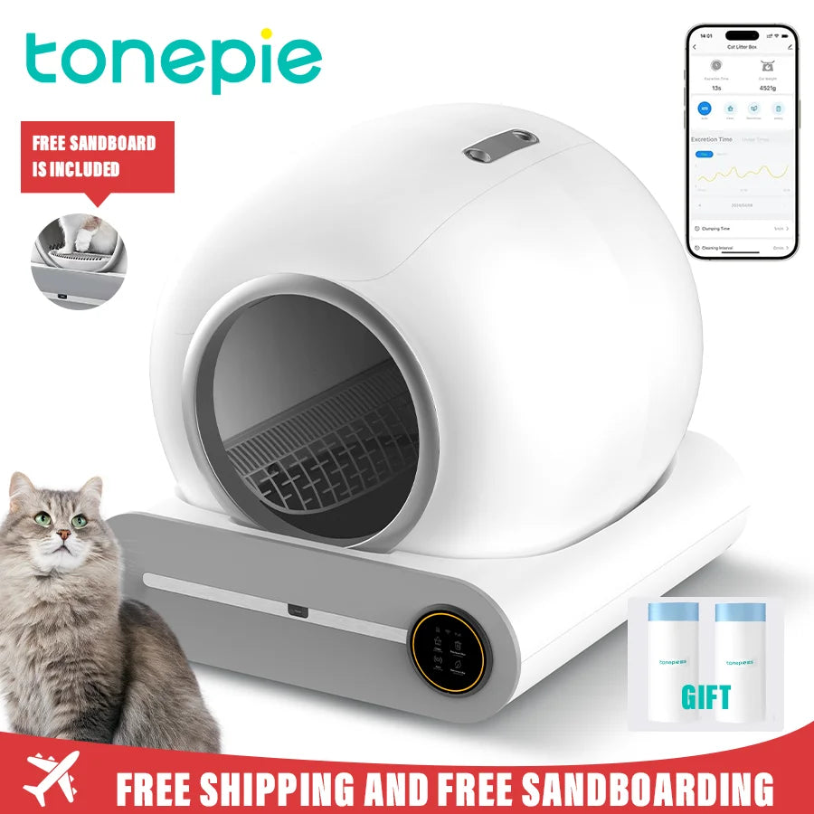 Slimme Kattenbak – Zelfreinigende Bak – Automatische Kattenbak – App Bediening – Geurcontrole – 65L Binnenruimte – Ionische Luchtreiniger