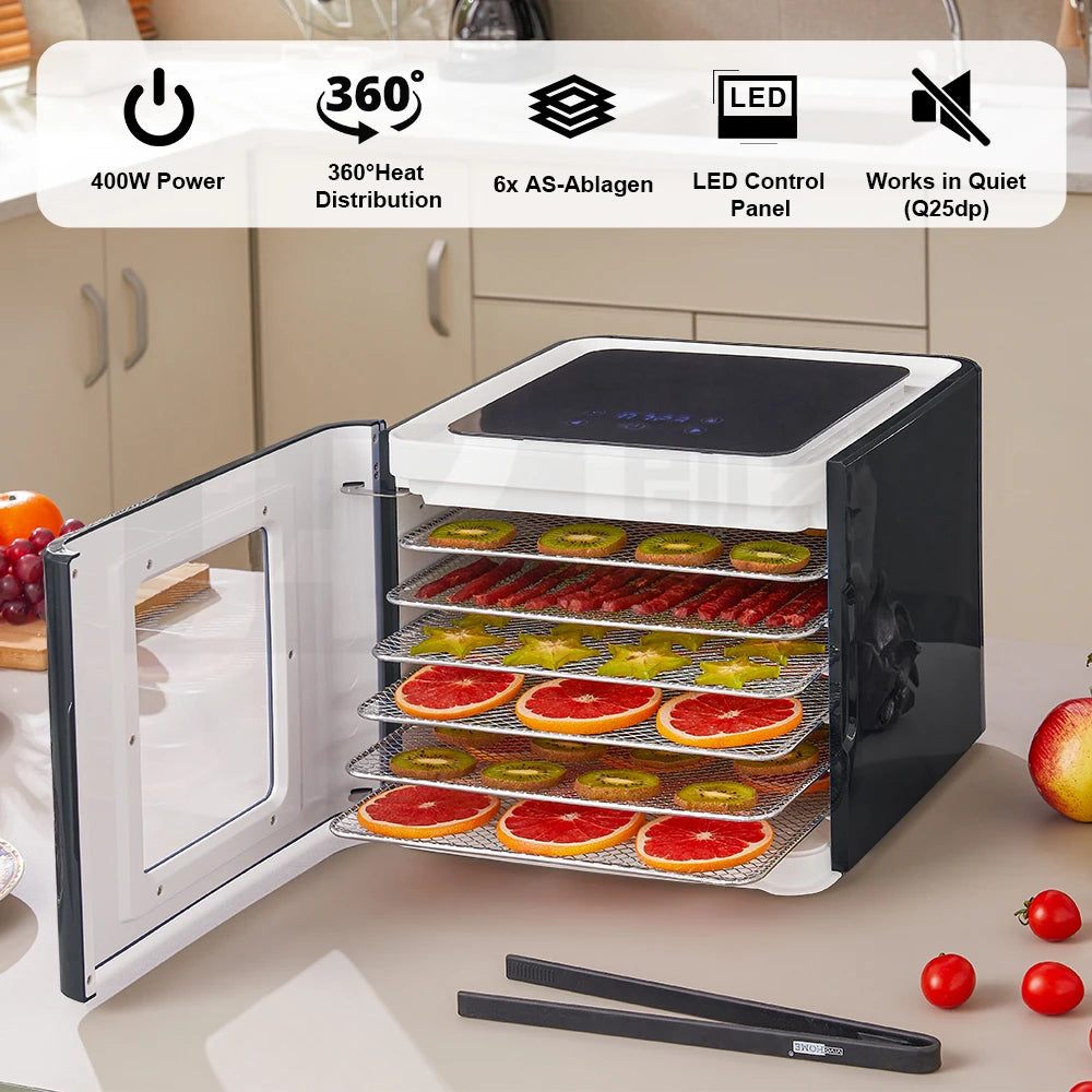 Voedseldroger – Voedseldroger Oven – Fruitdroger – Vleesdroger – Gedroogde Snacks Machine – 6 RVS Trays – Digitale LED-Touch Bediening – Zwart