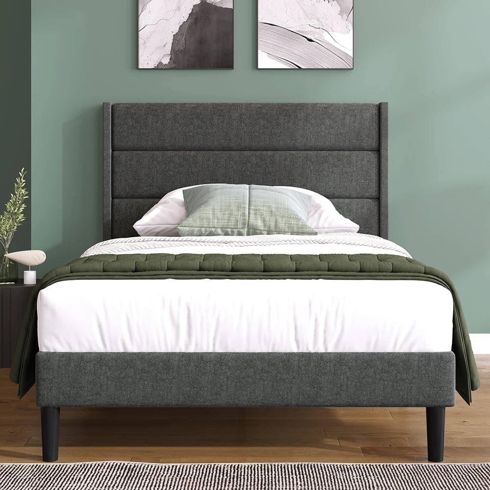 Bed 90x200 cm – Eenpersoonsbed – Slaapbank – Bedframe – Gestoffeerd Bed – Donkergrijs Linnen – Gestoffeerd Hoofdbord – Stevig Metalen Frame - QUORE