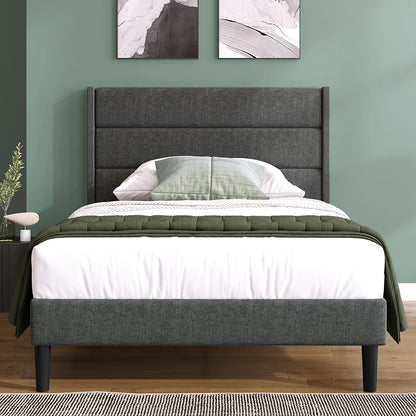 Bed 90x200 cm – Eenpersoonsbed – Slaapbank – Bedframe – Gestoffeerd Bed – Donkergrijs Linnen – Gestoffeerd Hoofdbord – Stevig Metalen Frame - QUORE
