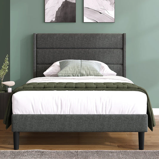 Bed 90x200 cm – Eenpersoonsbed – Slaapbank – Bedframe – Gestoffeerd Bed – Donkergrijs Linnen – Gestoffeerd Hoofdbord – Stevig Metalen Frame - QUORE