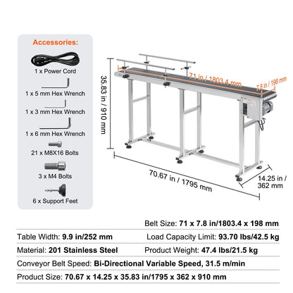 Transportband – Transportbanden – Transportband PVC – Industriële Transportband – RVS Frame – Instelbare Snelheid – Oververhittingsbeveiliging - 71 x 7.8 inch