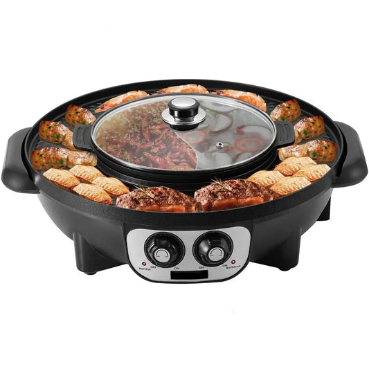 Elektrische Hot Pot BBQ Grill - 2 in 1 - 2200W - Multifunctioneel - elektrische barbecue grill - BBQ - Tafelgrill - Gourmet - 2200W - Anti-aanbaklaag - Fondue pan - Hot Pot - Zwart
