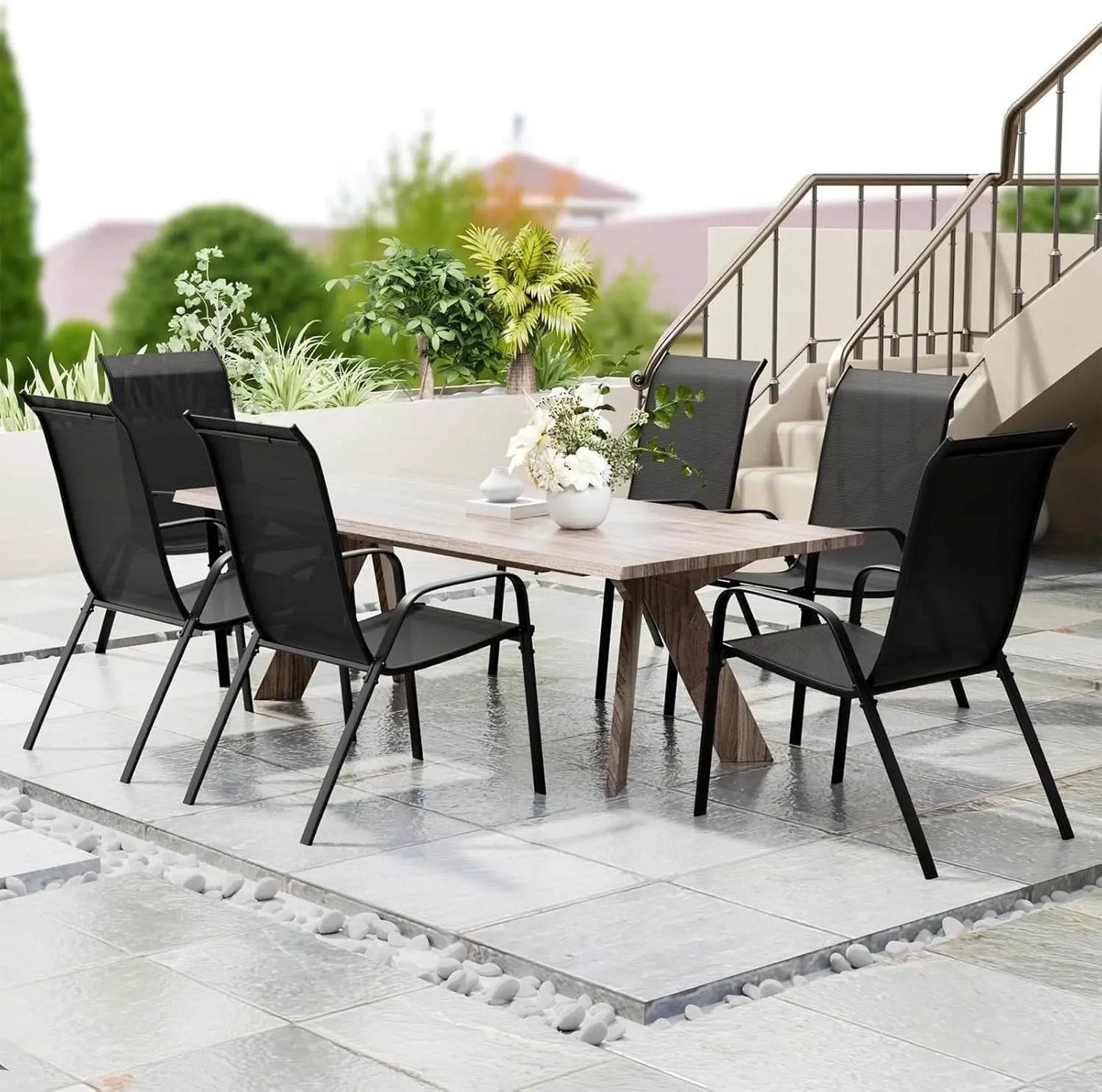 Tuinstoelen – Buitensstoelen –Terrasstoelen - Stapelbare Stoelen – Ademend Teslin-Textiel – Weerbestendig Metalen Frame - Zwart