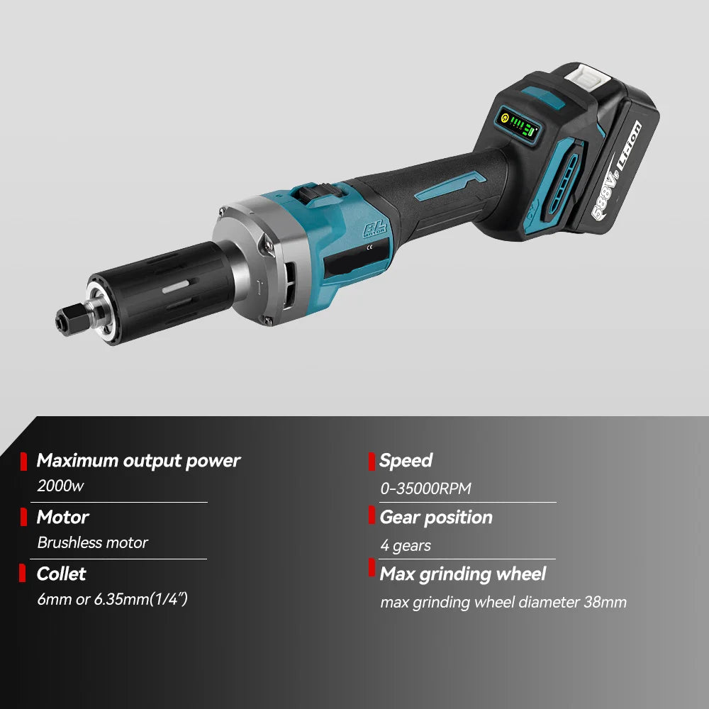Rechte Slijpmachines - met Brushless - 2000W Draadloze - 35000RPM - 6mm Slijpmachine - 4 Snelheden Variabel -18V - Professionele Slijprotools - voor Graveer - Polijstmachine - Snijden - Zonder Batterij