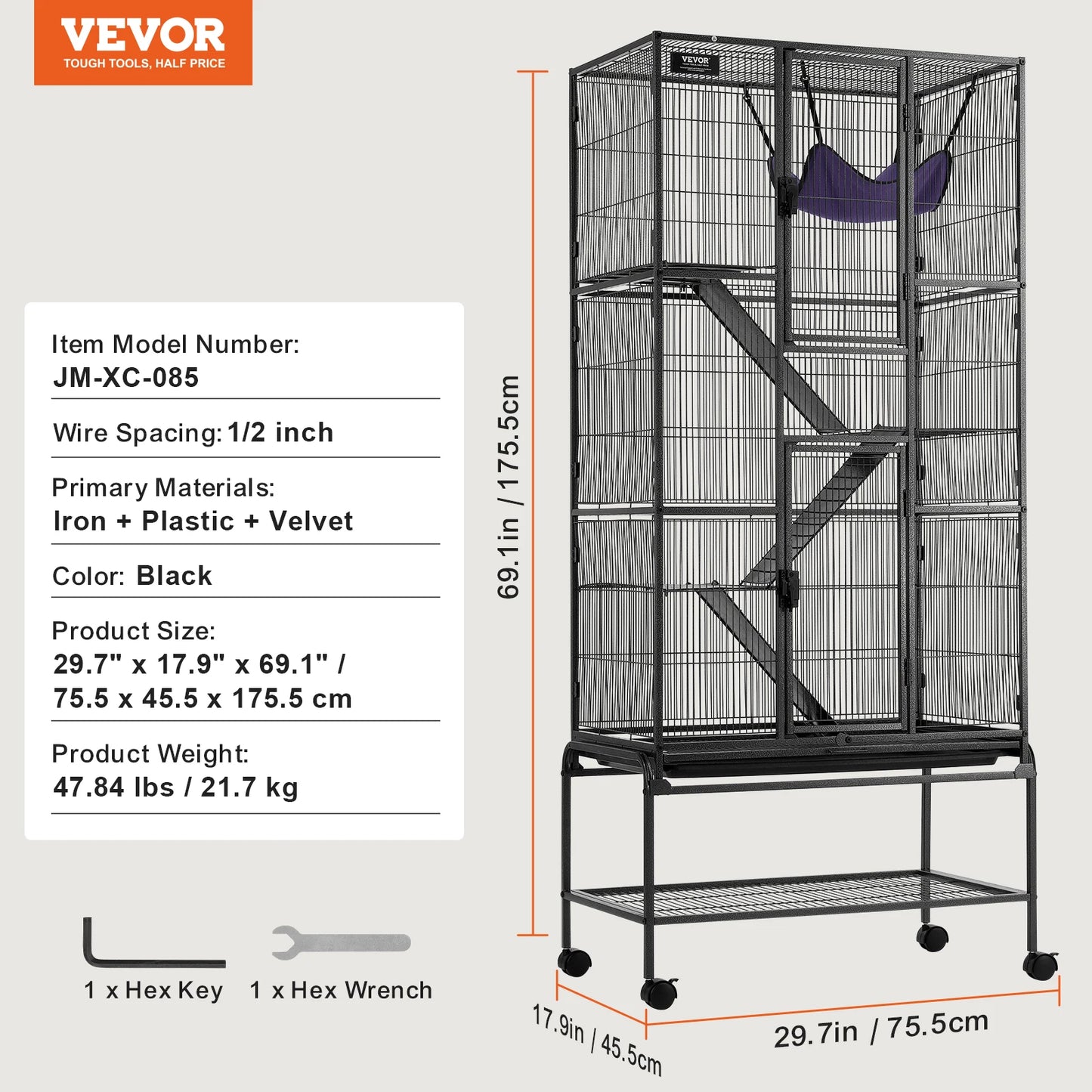 4-Laags Metalen Kooi Voor Fretten -  Geschikt Voor Ratten, Hamsters, Cavia's en Chinchilla's - 75.5 cm x 45.5 cm x 175.5 cm - QUORE