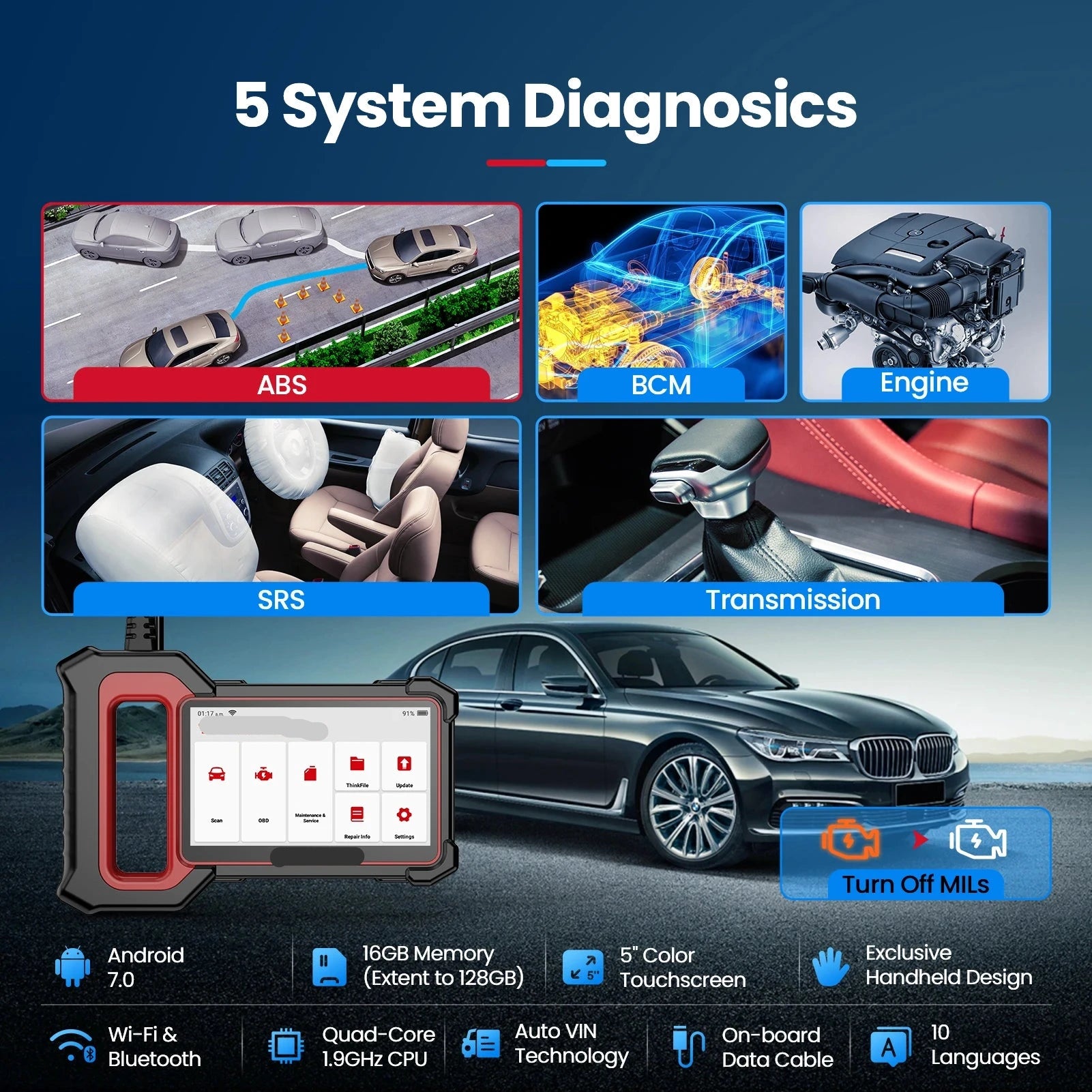 OBD2 Scanner - OBD - Diagnosecomputer - Uitleesapparatuur Auto -  Auto Accessoires - Storing Verwijderen - Auto Uitlezen - 3 Reset Services - Systeem Scanner - 7" Touchscreen - QUORE