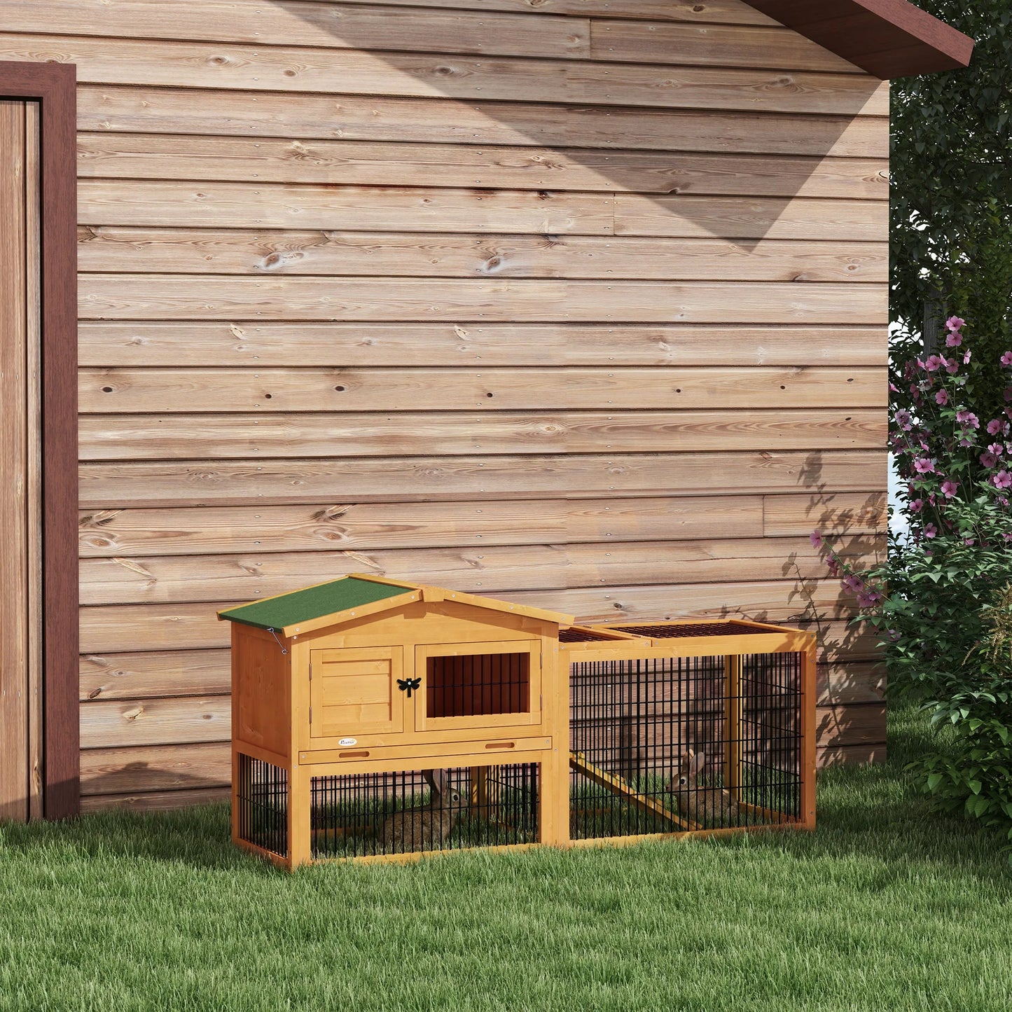 Tweelaagse Houten Ren – Buitenhok – Knaagdierverblijf – Dierenren – Buitenren – Waterbestendig Hout – Royaal Bewegingsvrijheid - 150 x 52 x 68 cm - Natuurlijk Hout
