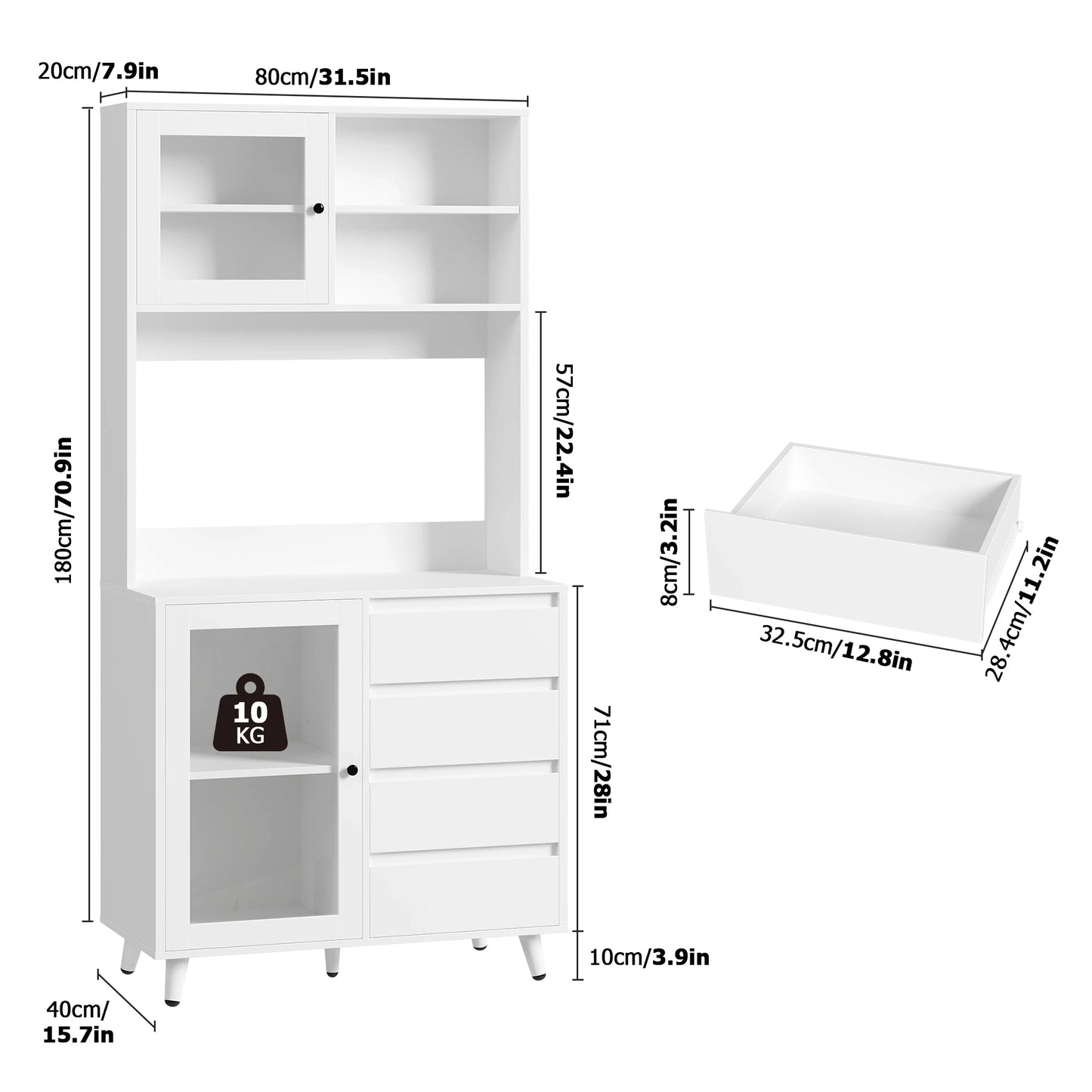 Hoge keukenkast – keukenkastje – voorraadkast – buffetkast – kast met lades – 180 cm hoog – MDF wit met glazen deuren en werkblad