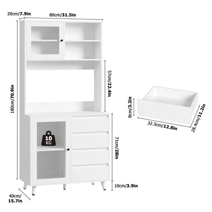 Hoge keukenkast – keukenkastje – voorraadkast – buffetkast – kast met lades – 180 cm hoog – MDF wit met glazen deuren en werkblad