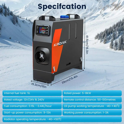 Kroak - Diesel heater - Electric heater - Heater and fans - Petrol air heater - with LCD - 12V - 5KW - No adapter - Black