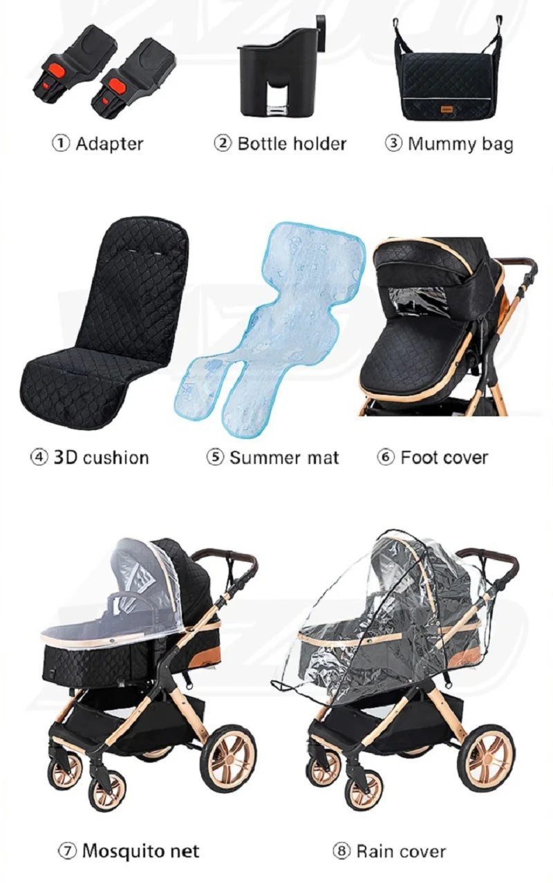 Stroller - Buggy - Kinderwagen 3-in-1 - Kinderwagens - Draagbare Reis Kinderwagen  - Hoogland Pram -Multifunctionele Aluminium Frame Kinderwagen - Hoge uitvoering - Hoge versie - Khaki