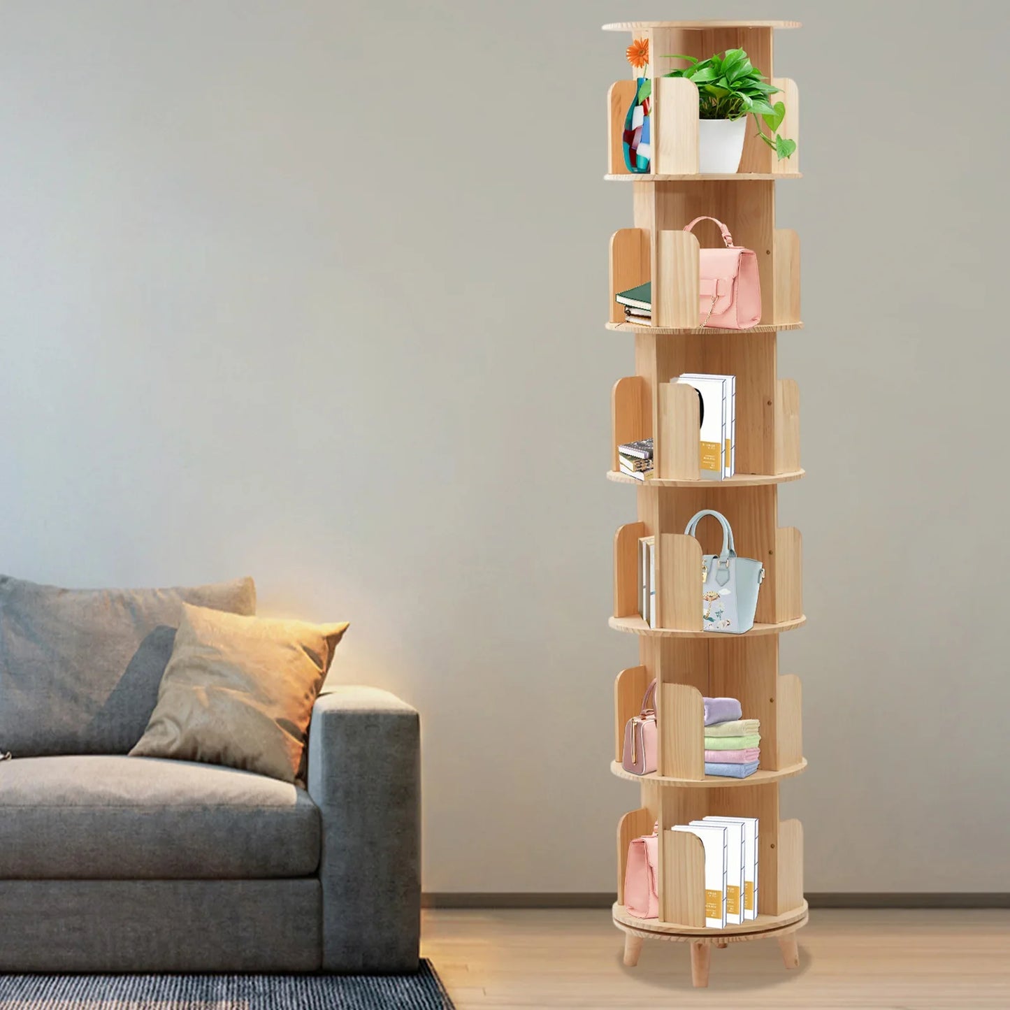 Boekenplank Draaibare Boekenkast Boekenrek Boekenhouder Rotatie – 6 Lagen – Hoogwaardig Dennenhout – 360° Draaibaar