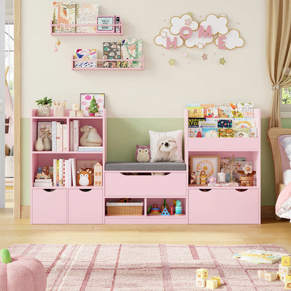 Opbergmeubel Kind – Speelgoedkast – Boekenkast – Kinderkast – Opbergkast – Wit – Met Bankje – 183,5 x 94,5 x 29,8 cm – Hout – 3 Rollende Lades