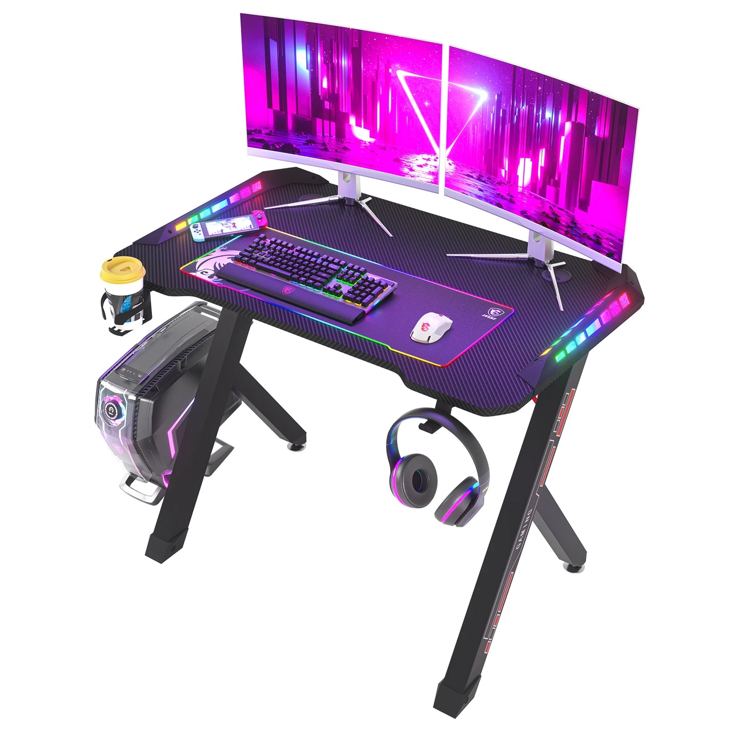 Gaming Bureau - met RGB LED Verlichting - Gaming Tafel - Gaming Desk - Computer Tafel - Computer Bureaua - 100x60x78cm - Metaal & Carbon MDF - Zwart