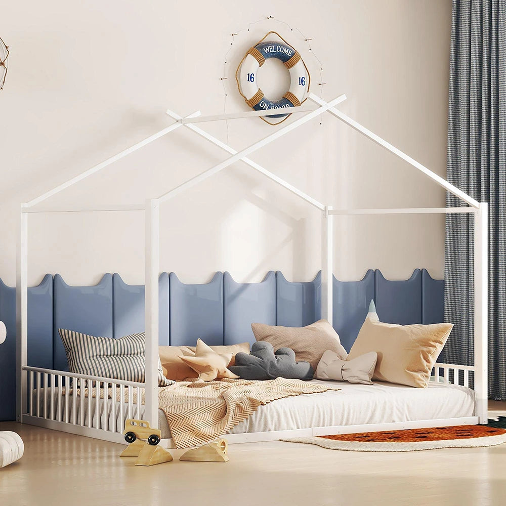 Kinderbed – Kinderbedden – Peuterbed – Vloerbed – Huisbed – Wit – 140x200 cm – Met Stabiel Metalen Frame – Uniek Huisvormig Design