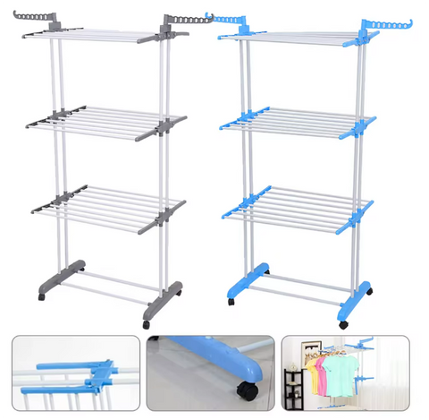 Droogrek - Staand droogrek - 4 niveaus - Vleugelwasrek - Opvouwbare vleugels - Met wielen - 64 x 126 x 172 cm - Blauw