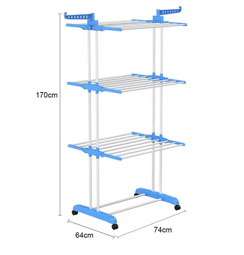 Droogrek - Staand droogrek - 4 niveaus - Vleugelwasrek - Opvouwbare vleugels - Met wielen - 64 x 126 x 172 cm - Blauw