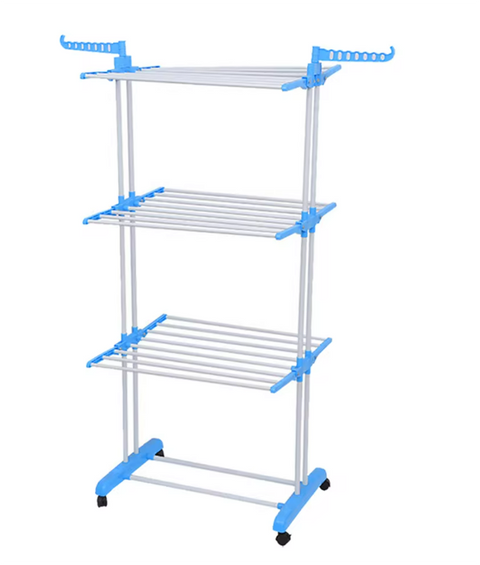 Droogrek - Staand droogrek - 4 niveaus - Vleugelwasrek - Opvouwbare vleugels - Met wielen - 64 x 126 x 172 cm - Blauw