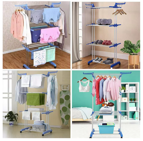 Droogrek - Staand droogrek - 4 niveaus - Vleugelwasrek - Opvouwbare vleugels - Met wielen - 64 x 126 x 172 cm - Blauw