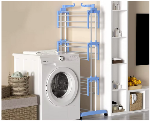 Droogrek - Staand droogrek - 4 niveaus - Vleugelwasrek - Opvouwbare vleugels - Met wielen - 64 x 126 x 172 cm - Blauw