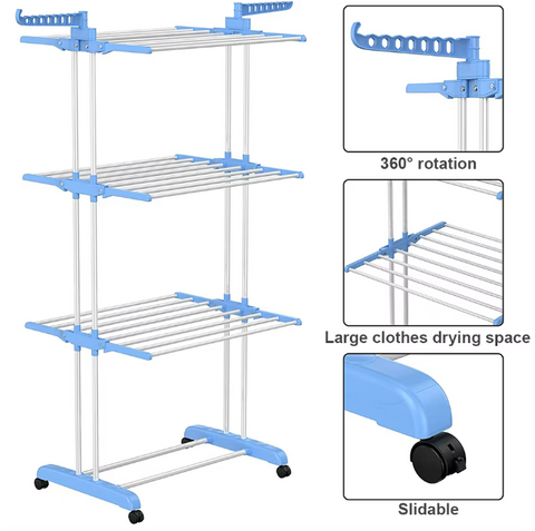 Droogrek - Staand droogrek - 4 niveaus - Vleugelwasrek - Opvouwbare vleugels - Met wielen - 64 x 126 x 172 cm - Blauw