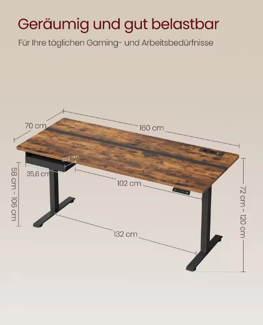 Elektrisch Verstelbaar Bureau – Zit-Sta Bureau – Bureautafel – Laptoptafel – Hoogte Verstelbaar – Geheugenfunctie – Stil Motor - Vintage Bruin