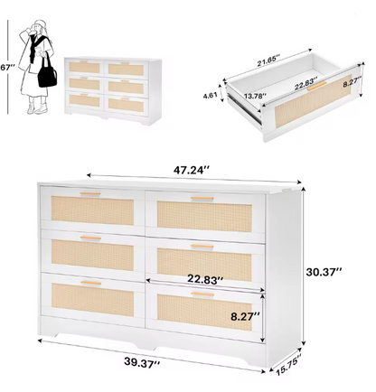 Ladekast – Opbergmeubel – Ladekasten – Opbergkast – Rattan Afwerking – 6 Ruime Lades – MDF Hout - 100 x 40 x 75 cm - Wit