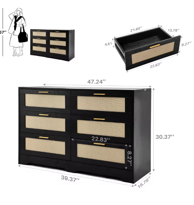 Ladekast – Opbergmeubel – Ladekasten – Opbergkast – Rattan Afwerking – 6 Ruime Lades – MDF Hout - 100 x 40 x 75 cm - Zwart