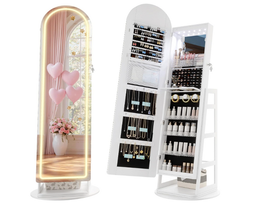Staande Sieradencabinet – Sieradenkast – Sieradendoos – Sieradenopberger – Sieradenschrank – LED Verlichting – 165 cm Hoog – 360° Draaibaar – Veilige Sluiting