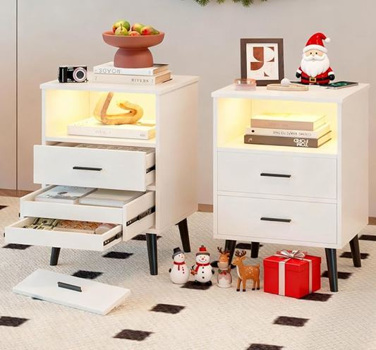 Led Nachtkastje – Modern Nachtkastje – Wit Kastje – Bedkastje – Slaapkamerkastje – Set Van 2 – Met Led-Verlichting – Draadloos Oplaadstation & USB Type-C Aansluiting