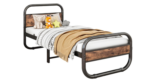 Bedframe 90 x 200 – Eenpersoonsbed – Metalen Bed – Stalen Frame – Houten Hoofdbord – Stevig Met Stalen Constructie – Extra Opbergruimte 27 cm Hoog