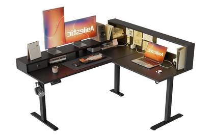 L-Vormig Sta-bureau – Hoekbureau – Zit-Sta Bureau – Verstelbaar Bureau – Ergonomisch Bureau – In Hoogte Verstelbaar – LED Verlichting – 160 x 140 cm – Mat Zwart FSC Hout