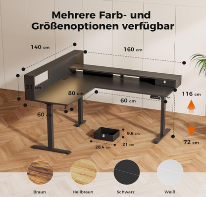 L-Vormig Sta-bureau – Hoekbureau – Zit-Sta Bureau – Verstelbaar Bureau – Ergonomisch Bureau – In Hoogte Verstelbaar – LED Verlichting – 160 x 140 cm – Mat Zwart FSC Hout
